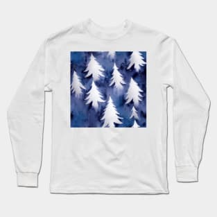 Watercolor Blue and White Christmas Trees Long Sleeve T-Shirt